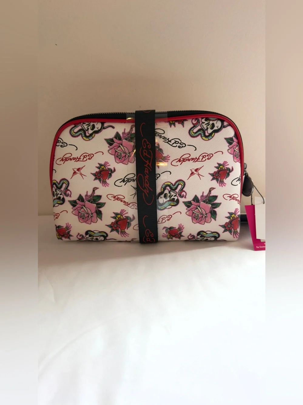 Ed Hardy White & Pink Floral Rhinestone Cosmetic Pouch Set